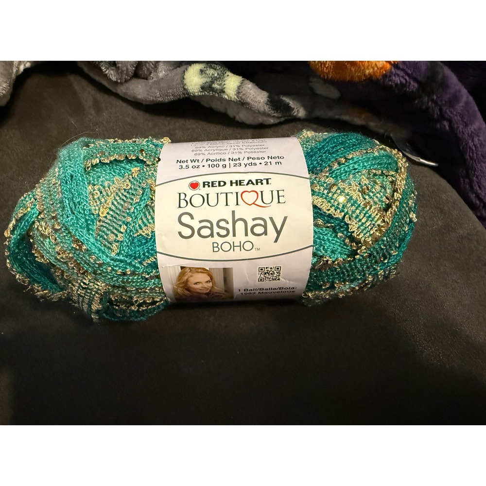 Red Heart‎ Boutique Sashay Boho Yarn Teal Gold Metallic Looped Effect 3.5oz